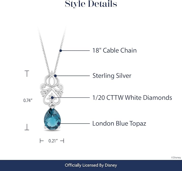 Jewelili Enchanted Disney Fine Jewelry Cinderella Carriage Pendant Necklace for Women | Sterling Silver | London Blue Topaz & 1/20 CTTW White Diamonds | 18" Cable Chain | Disney Princess Gifts for Her