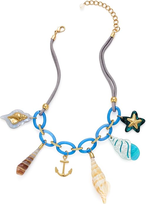 CLASSYZINT Gold Ocean Charms Necklace Shell Starfish Fish Necklace Chunky Acrylic Boho Beach Jewelry