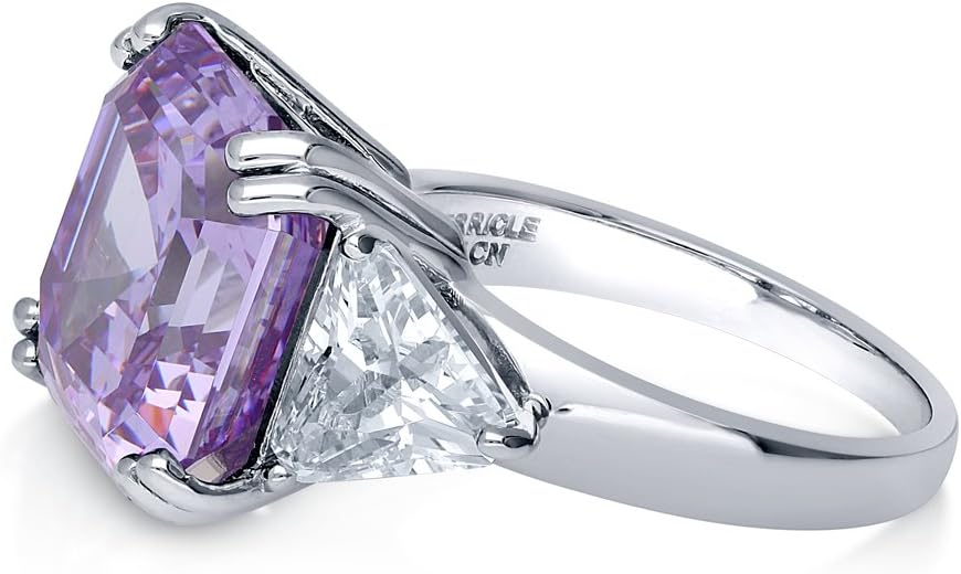 BERRICLE Sterling Silver CZ 3-Stone Solitaire Wedding Engagement Rings for Women, Cubic Zirconia Ring - Asscher, Cushion, Emerald, Pear, Round Cut - Canary Yellow, Green, Amethyst Purple Colors