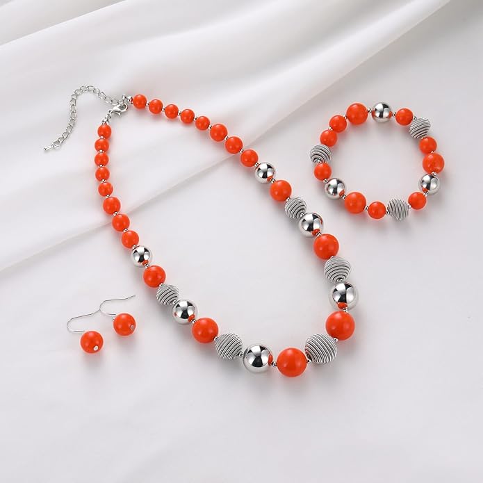 PEARL&CLUB Beaded Chunky Statement Necklace Earring and Bracelet Set Silver Metal Bead Fashion Jewelry Set Mothers’ Day Gifts for Women