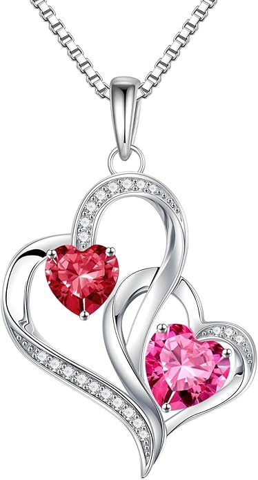 Iefil Birthstone Necklace for Women - 925 Sterling Silver Double Birthstone Heart Necklace | Anniversary Birthday Gifts for Women | Personalized Gifts | Jewelry Gifts for Wife Mom Girlfriend