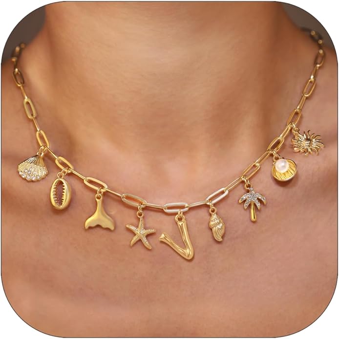 Initial Charm Necklace For Women Shell Letter Necklaces Gold Charms Pendant Boho Summer Seashell Beach 14k Starfish Surfer Jewelry Gifts