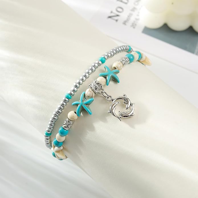 Starain Blue Turtle Anklets for Women Multilayer Beads Handmade Beach Ankle Bracelet Set Boho Foot Jewelry