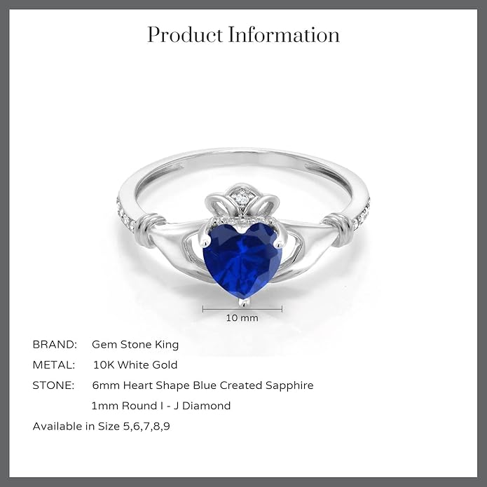 Gem Stone King 10K White Gold 6MM Heart Shape Gemstone Birthstone and White Diamond Irish Celtic Claddagh Engagement Ring | Gold Ring For Women | Available In Size 5, 6, 7, 8, 9