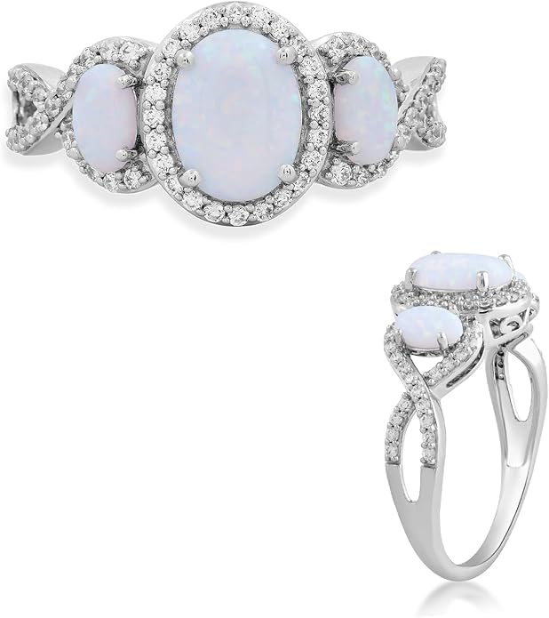 Jewelili Sterling Silver 8X6 MM and 5X3 MM Oval Created Opal and Round Created White Sapphire 3-Stone Engagement Ring