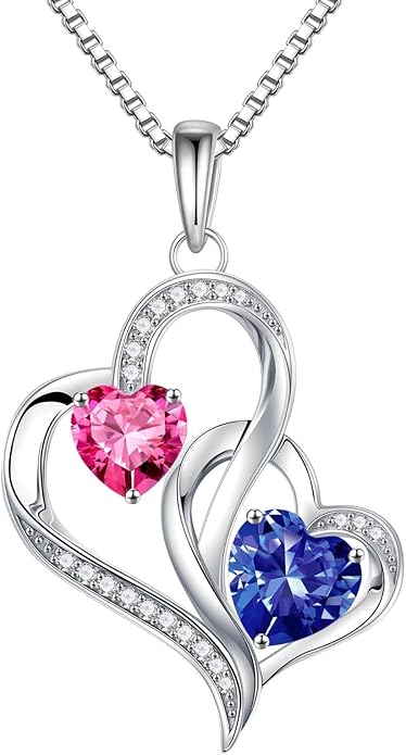 Iefil Birthstone Necklace for Women - 925 Sterling Silver Double Birthstone Heart Necklace | Anniversary Birthday Gifts for Women | Personalized Gifts | Jewelry Gifts for Wife Mom Girlfriend