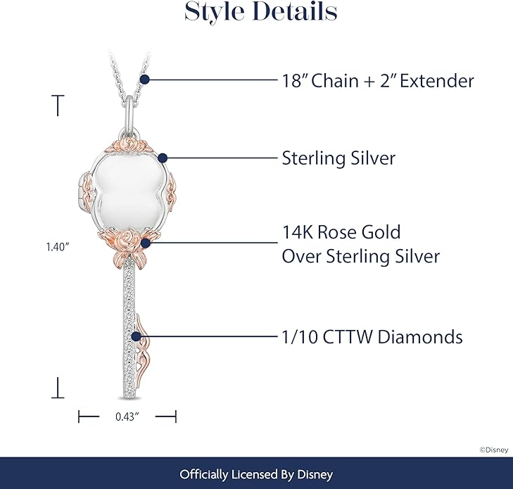Jewelili Enchanted Disney Fine Jewelry Belle Key Pendant Necklace for Women | 14K Rose Gold over Sterling Silver | 1/10 CTTW Natural White Round Diamond | 18" Cable Chain | Princess Gifts for Her