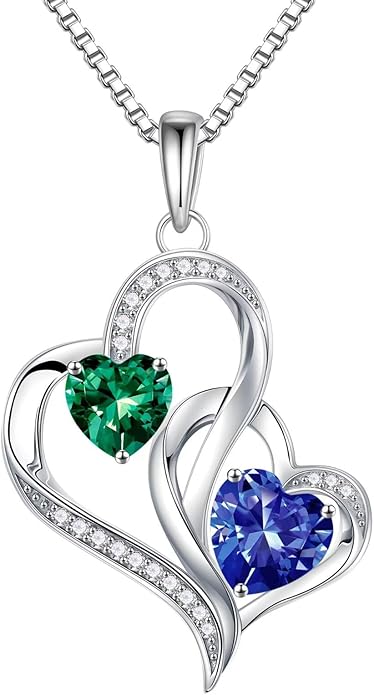 Iefil Birthstone Necklace for Women - 925 Sterling Silver Double Birthstone Heart Necklace | Anniversary Birthday Gifts for Women | Personalized Gifts | Jewelry Gifts for Wife Mom Girlfriend