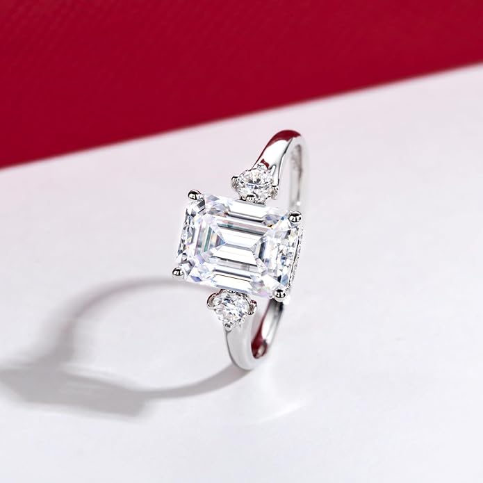 Solid 14K Gold 3.36ct Moissanite Three Stone Rings (3ct Center Stone), Round/Oval/Emerald Shape, Real Gold | D Color and Flawless Moissanite | Wedding Anniversary Ring