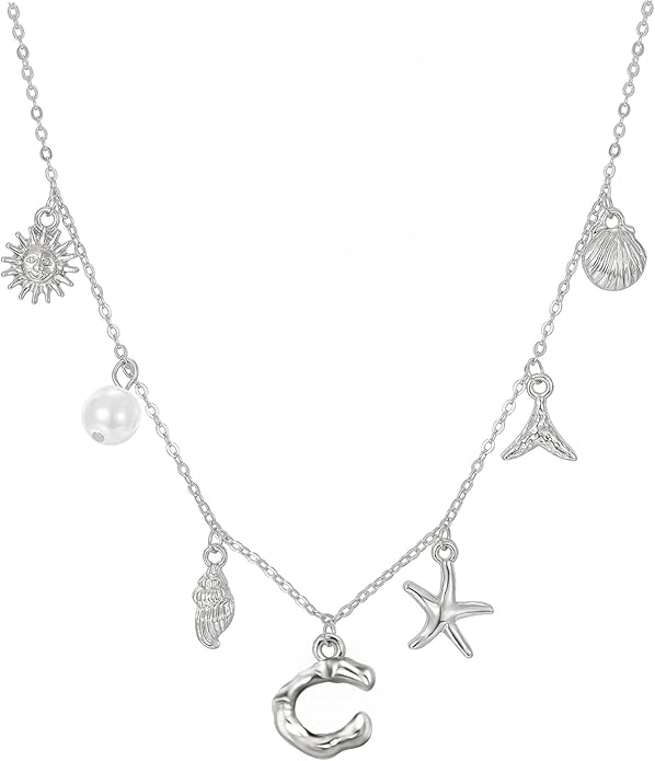 Initial Charm Necklace For Women Shell Letter Necklaces Gold Charms Pendant Boho Summer Seashell Beach 14k Starfish Surfer Jewelry Gifts