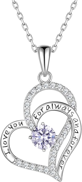 Heart Birthstone Silver Necklace for Women, S925 Sterling Silver Pendant Necklace Birthday Jewelry Gifts for Her Mother Mom Wife Girlfriend