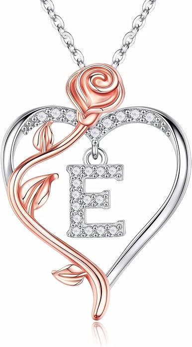 Iefil Rose Heart Necklaces Gifts for Women - 925 Sterling Silver Rose Heart Initial Necklace, Anniversary Birthday Gifts for Women, Jewelry Gift for Her Wife Girlfriend Mom Daughter
