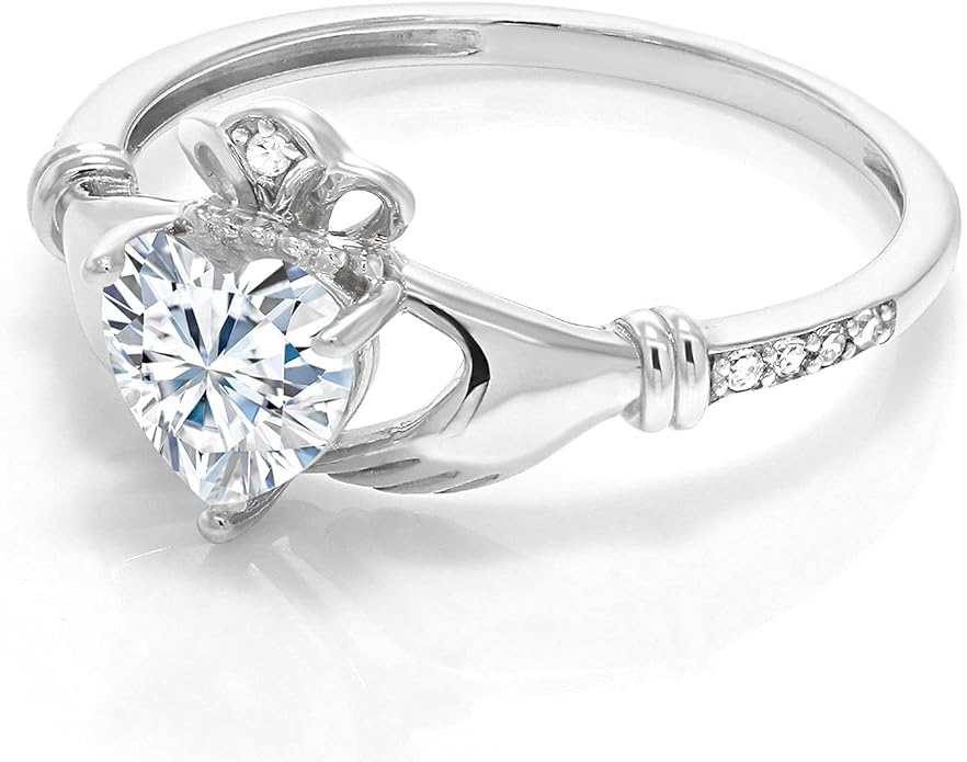 Gem Stone King 10K White Gold 6MM Heart Shape Gemstone Birthstone and White Diamond Irish Celtic Claddagh Engagement Ring | Gold Ring For Women | Available In Size 5, 6, 7, 8, 9