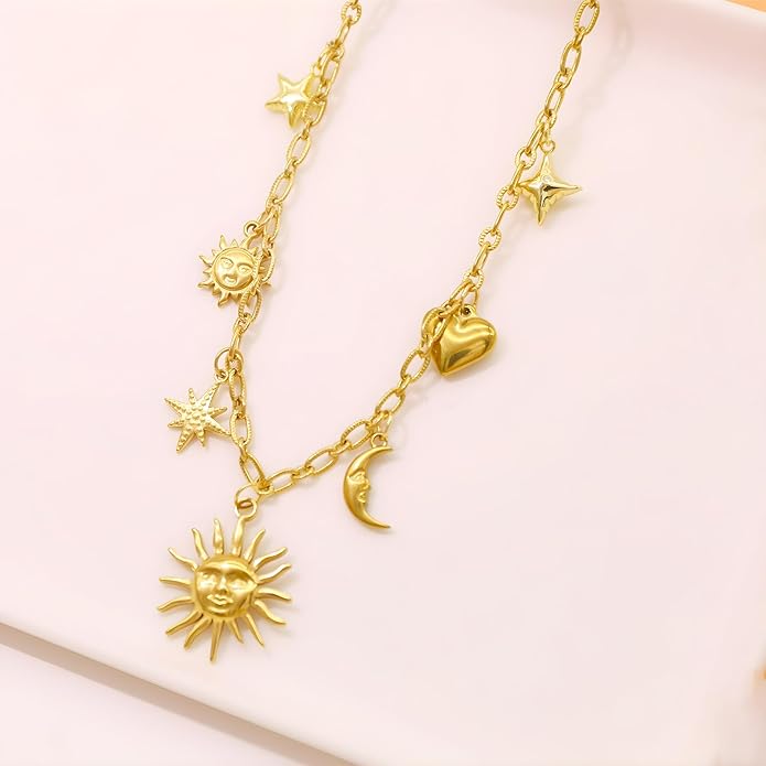 Chunky Retro Heart Necklace for Women Antique Layer Beach Ocean Moon Stars Western Boho Charm Necklaces Retro Link Chain Jewelry