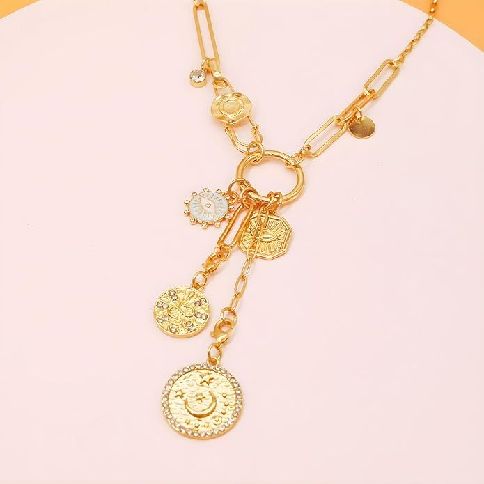 Chunky Retro Heart Necklace for Women Antique Layer Beach Ocean Moon Stars Western Boho Charm Necklaces Retro Link Chain Jewelry