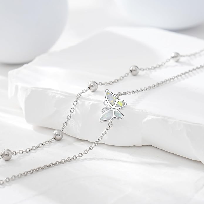 CHIC & ARTSY Womens Sterling Silver Created Opal Layered Anklet Bracelet Dainty Beaded Chain Adjustable 11" Best Friend Anklet