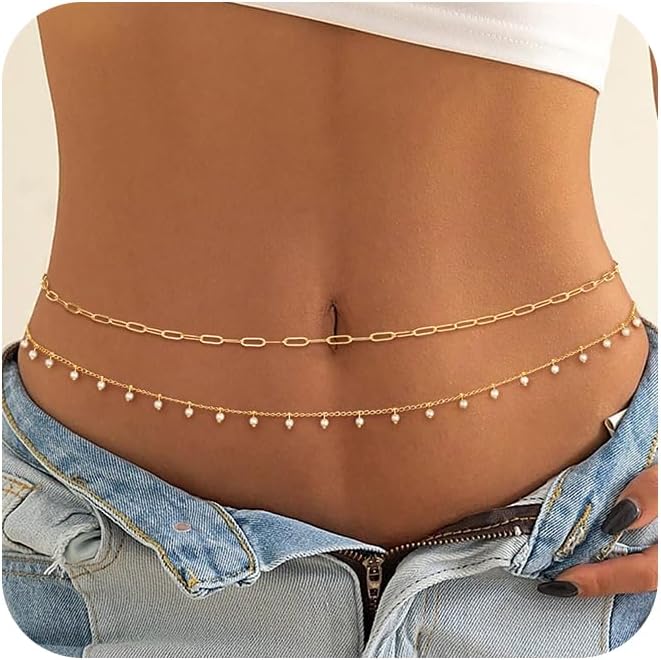 CHESKY Gold Waist Chain for Women, 14K Gold Plated Silver Layered Belly Belt Chains Sexy Bikini Beach Waist Beads Chain Waterproof Snake Pearl Cuban Body Chain Summer Jewelry Accessories for Women