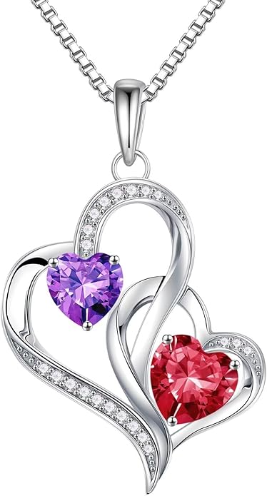 Iefil Birthstone Necklace for Women - 925 Sterling Silver Double Birthstone Heart Necklace | Anniversary Birthday Gifts for Women | Personalized Gifts | Jewelry Gifts for Wife Mom Girlfriend