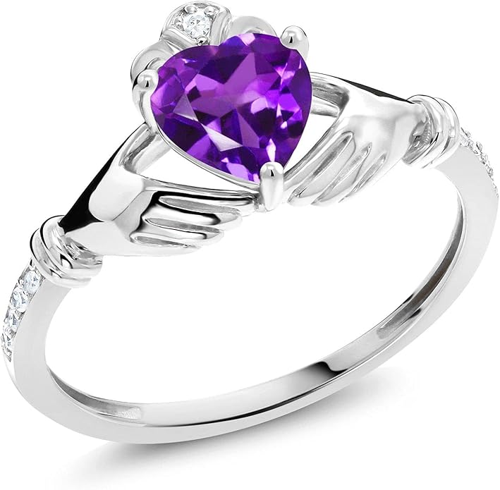 Gem Stone King 10K White Gold 6MM Heart Shape Gemstone Birthstone and White Diamond Irish Celtic Claddagh Engagement Ring | Gold Ring For Women | Available In Size 5, 6, 7, 8, 9