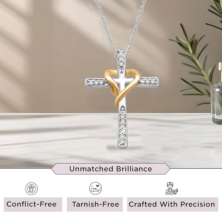 Jewelili Cross Heart Necklace Pendant in Yellow Gold or Rose Gold over Sterling Silver with 1/10 CTTW Natural White Round Diamonds and 18 inch Rope Chain