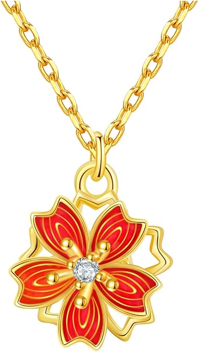 14K Women Gold Flower Chain Necklace,Dainty Sakura Floral Pendant Necklace with Moissanite Diamond,Gift for Mom, Wife, Girlfriend