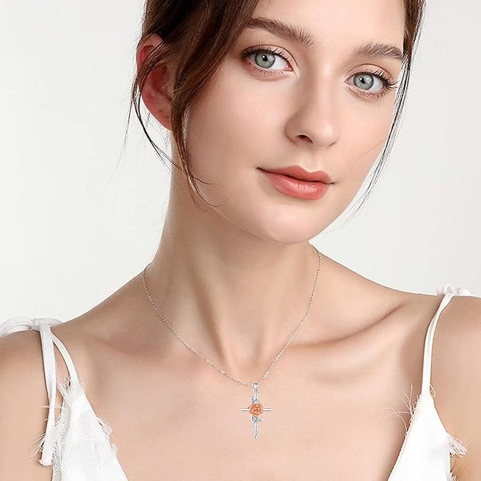 Flower Cross Necklace 925 Sterling Silver Carnation/Rose/Lily/Daisy Cross Necklace Birth Flower Jewelry for Women