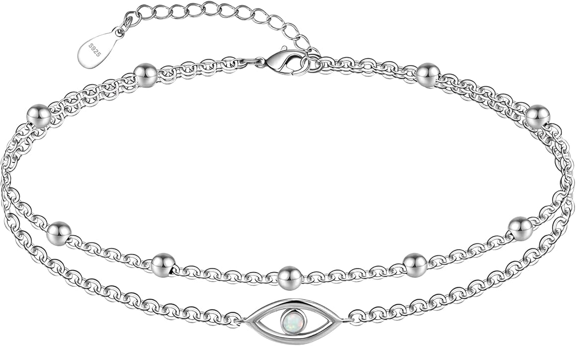 CHIC & ARTSY Womens Sterling Silver Created Opal Layered Anklet Bracelet Dainty Beaded Chain Adjustable 11" Best Friend Anklet