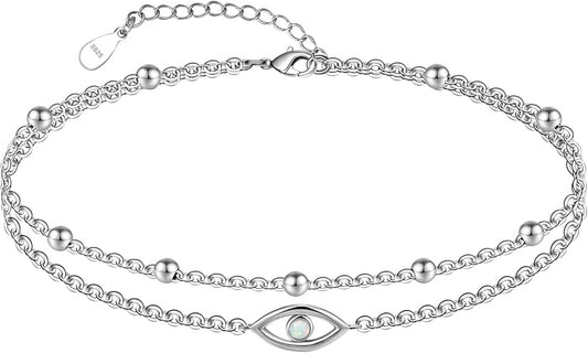 CHIC & ARTSY Womens Sterling Silver Created Opal Layered Anklet Bracelet Dainty Beaded Chain Adjustable 11" Best Friend Anklet