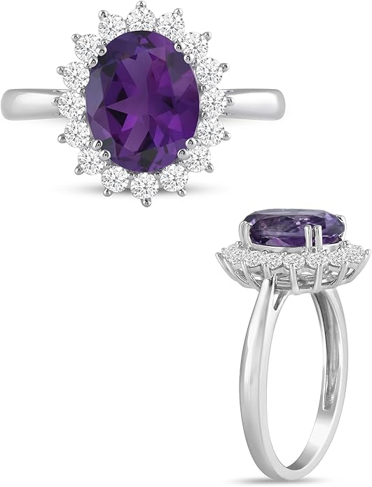 Jewelili Sterling Silver 10x8 MM Oval Amethyst with Round Created White Sapphire Engagement Ring