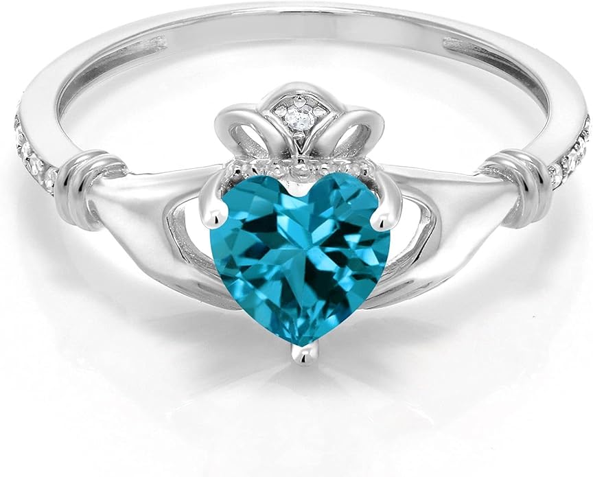 Gem Stone King 10K White Gold 6MM Heart Shape Gemstone Birthstone and White Diamond Irish Celtic Claddagh Engagement Ring | Gold Ring For Women | Available In Size 5, 6, 7, 8, 9
