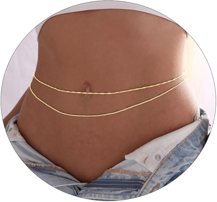 Dainty 2PCS GoldSilver Plated Waist Chains for Women Satellite Pearl Cuban Body Chain Sexy Layered Waist Chain Bikini Belly Chain Summer Beach Jewelry
