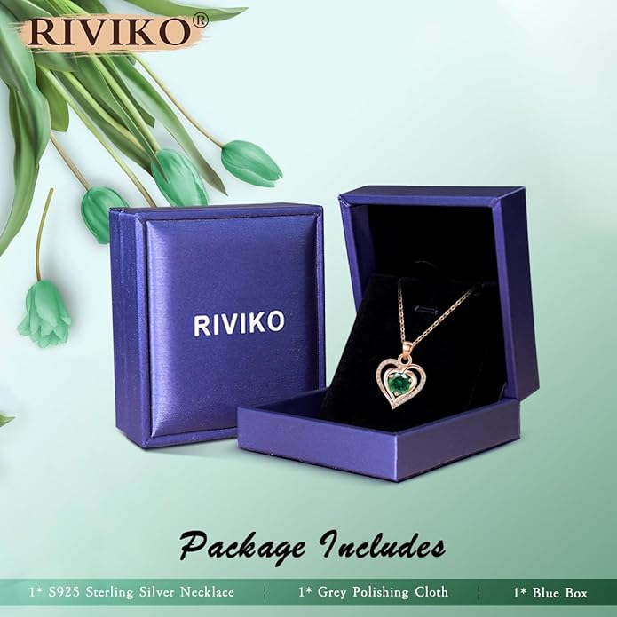 RIVIKO Heart Birthstone Pendant Necklace for Women 925 Sterling Silver Zirconia Necklaces Wedding Anniversary Birthday Mothers Day Jewelry Gifts For Her Mother Wife