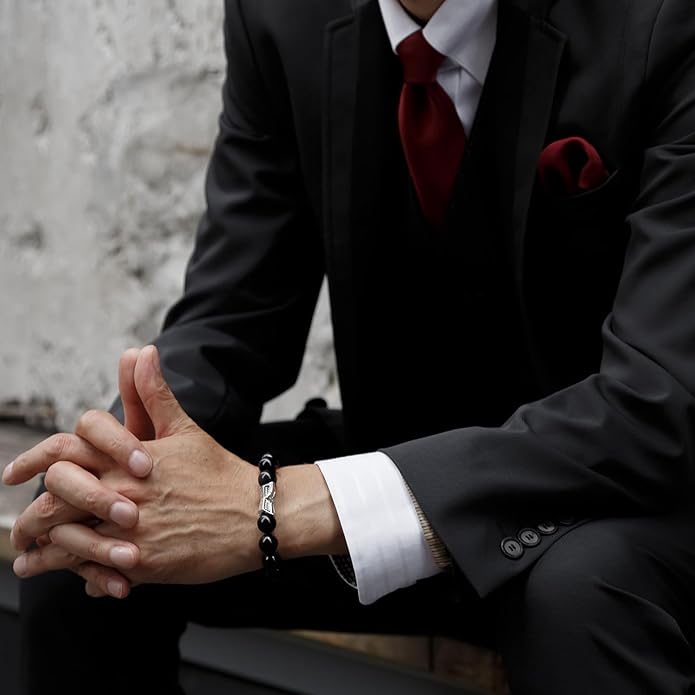 AWNL® Men's Beaded Bracelet with Sterling Silver Engraved Runes Charm 12mm Bronzite Dumortierite Obsidian Natural Gemstone Gift for Men, 6.1''-7.9''