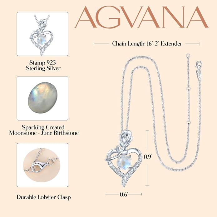 AGVANA Rosy Reverie Birthstone Necklace for Women Sterling Silver Genuine or Created Gemstone Rose Flower Heart Pendant Necklace Anniversary Birthday Gifts for Women Mom Wife Her