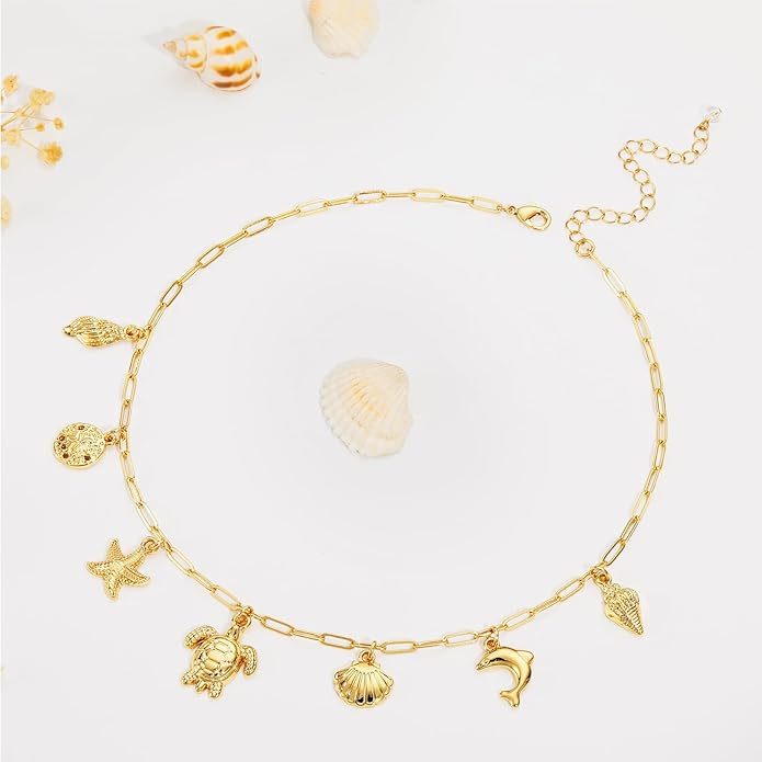 Charm Necklace for Women, 14K Gold Plated Shell Sun Starfish Summer Beach Necklace 16+3" Paperclip Chain Jewelry Gifts