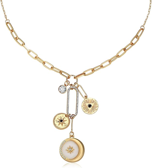 Charm Necklace for Women Gold Evil Eye Sun Moon Flower Coin Pendant Necklace Dainty Paperclip Chain Vintage Luck Amulet Choker Necklaces Celestial Jewelry Gift