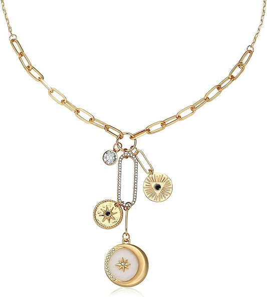 Charm Necklace for Women Gold Evil Eye Sun Moon Flower Coin Pendant Necklace Dainty Paperclip Chain Vintage Luck Amulet Choker Necklaces Celestial Jewelry Gift