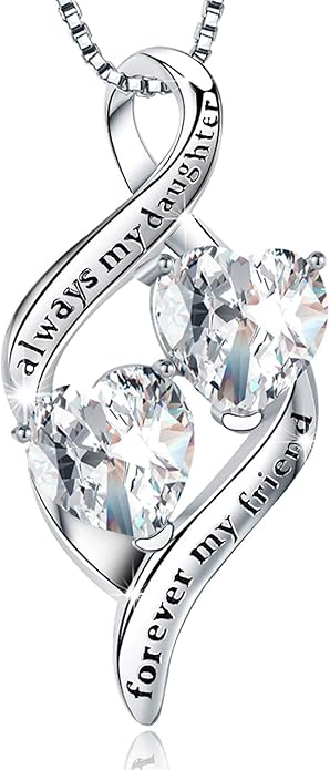 925 Sterling Silver Always My Daughter&Sister Forever My Friend Double Love Heart Pendant Necklace, Mother Daughter Bracelet Jewelry Gifts for Sister Women Couples Wife Mom Girlfriend