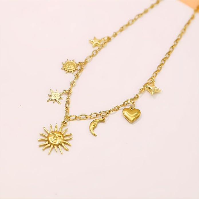 Chunky Retro Heart Necklace for Women Antique Layer Beach Ocean Moon Stars Western Boho Charm Necklaces Retro Link Chain Jewelry
