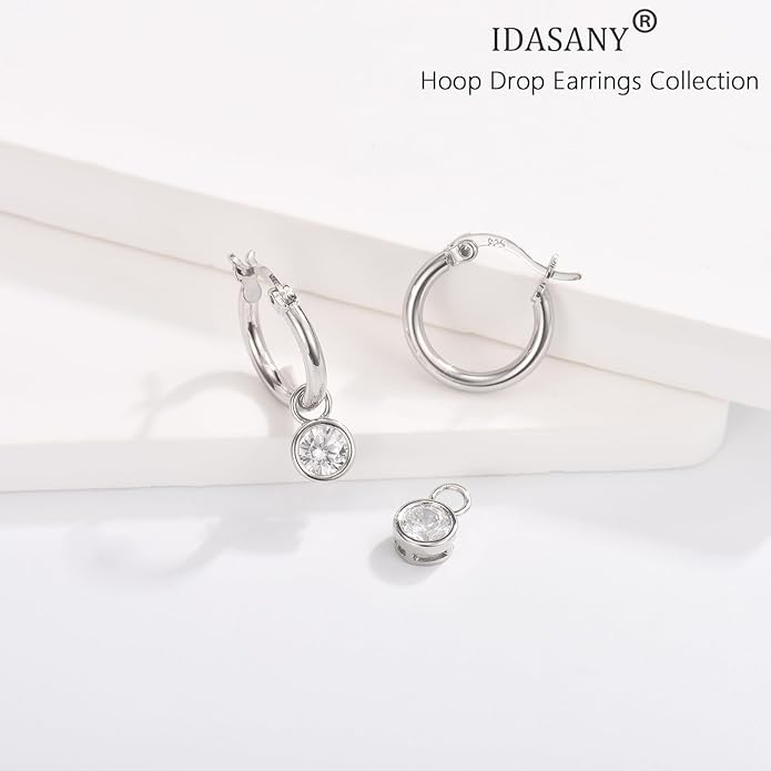 Dangle Hoop Earrings for Women, 925 Sterling Silver Hoop Earrings with Charms Tiny Baguette Round Teardrop Trio Cubic Zirconia Pearl Drop Dangling Cartilage Helix Tragus Diamond Jewelry Gifts