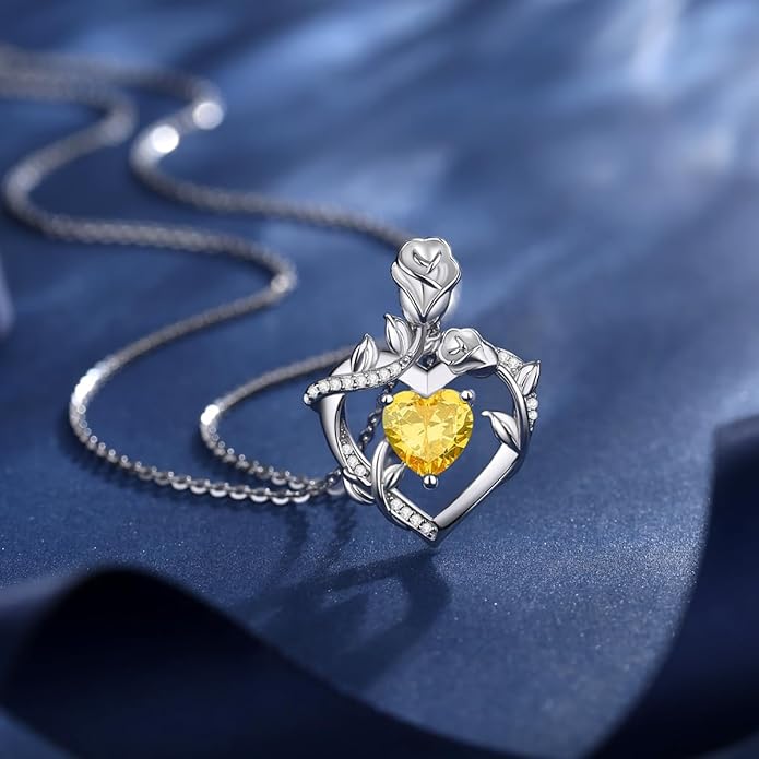 AGVANA Rose Birthstone Necklace for Women Sterling Silver Rose Flower Heart Necklace Fine Jewelry Anniversary Birthday Gifts for Women Wife Mom Her, Length: 18"+2"