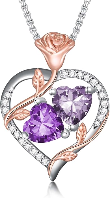 Jewelry for Her Double Heart Rose Birthstone Pendant Necklace Anniversary Jewelry Christmas Birthday Gifts for Women Wife Girlfriend