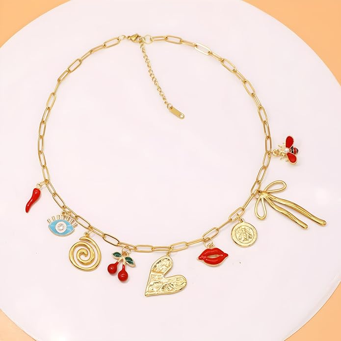 Chunky Retro Heart Necklace for Women Antique Layer Beach Ocean Moon Stars Western Boho Charm Necklaces Retro Link Chain Jewelry