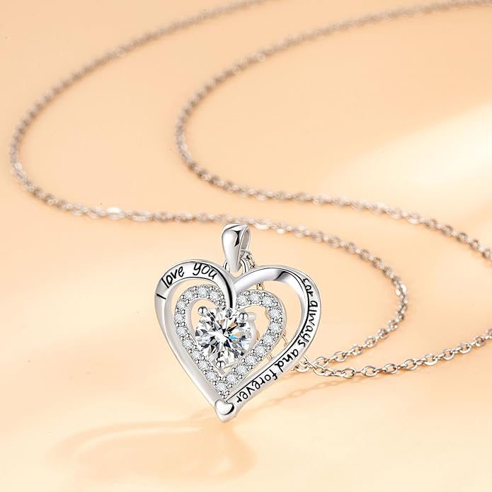 Heart Necklace, I Love You Always & Forever, Birthstone Cubic Zirconia Pendant, Gift for Women