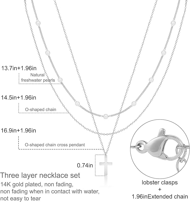 ASCOMY Layered Necklaces for Women Dainty Gold Necklace 14K Gold Plated Herringbone Necklace for Women Pearl Cross Necklace Paperclip Cuban Figaro Rope Satellite Chain Gold Choker Trendy Jewelry Gift