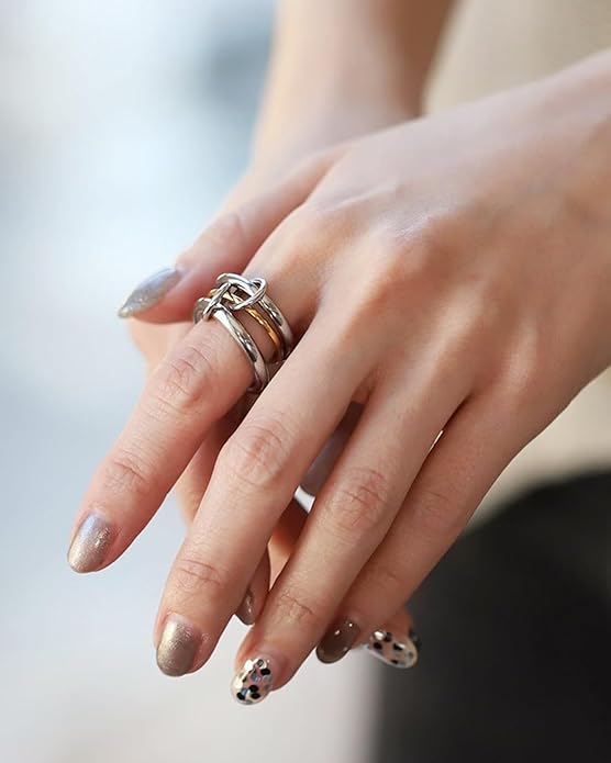 TLY Stackable Gold Rings for Women Non Tarnish 18K Gold Plated Interlocking Ring Stack Set Gold Silver Mixed Metal Statement Rings Dainty Cubic Zirconia CZ Fashion Connected Band Thumb Ring Size 4-11 Jewelry Gift for Women