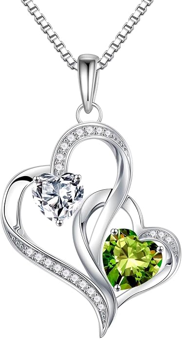 Iefil Birthstone Necklace for Women - 925 Sterling Silver Double Birthstone Heart Necklace | Anniversary Birthday Gifts for Women | Personalized Gifts | Jewelry Gifts for Wife Mom Girlfriend