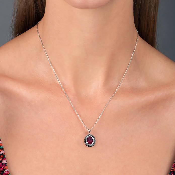 Jewelili Sterling Silver Oval Halo Pendant Necklace for Women | Created Opal, Created Ruby & Created Blue Sapphire with Treated Black & White Round Diamonds | 18" Rolo Chain | Jewelry Gift with Box