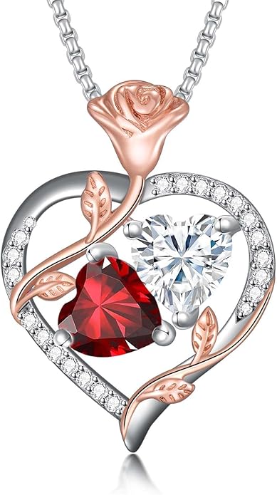 Jewelry for Her Double Heart Rose Birthstone Pendant Necklace Anniversary Jewelry Christmas Birthday Gifts for Women Wife Girlfriend