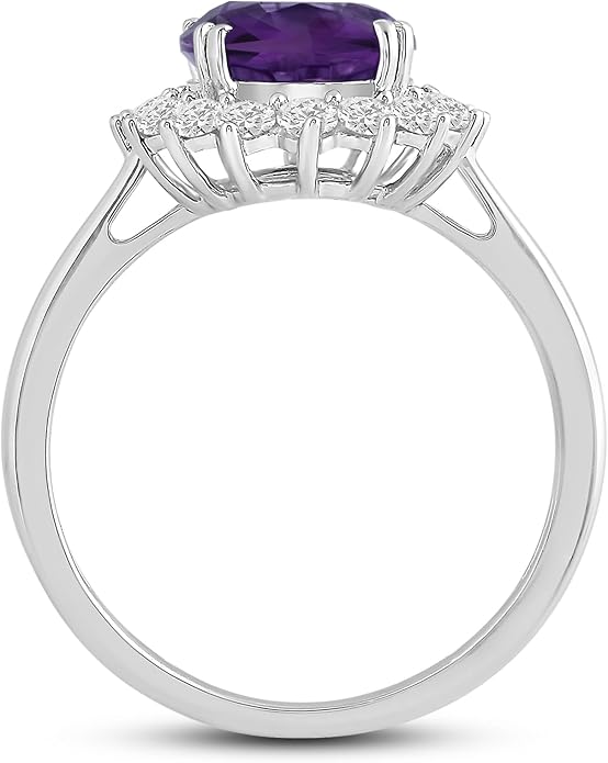 Jewelili Sterling Silver 10x8 MM Oval Amethyst with Round Created White Sapphire Engagement Ring